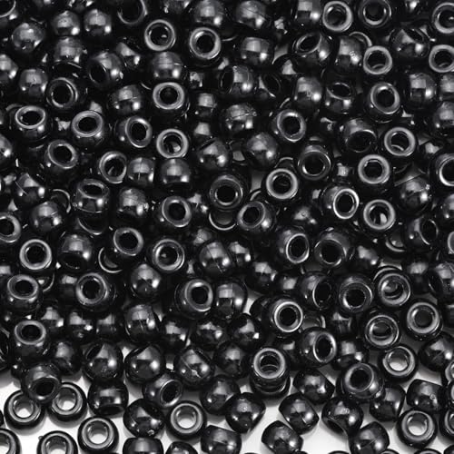 Sunrica 1100Pcs Black Pony Beads 6x9mm Bulk Large Hole Plastic Beads for Kandi Hair Braids Keychains Jewelry Making