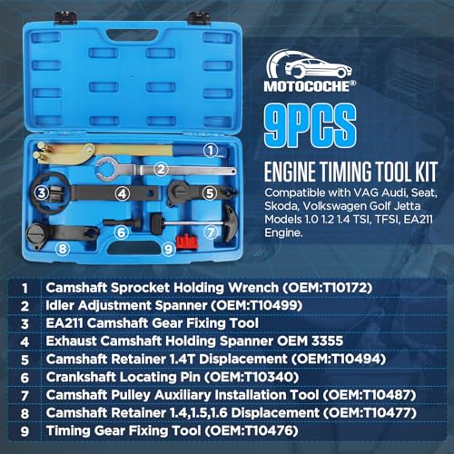 MOTOCOCHE 9tlg Motor-Einstellwerkzeug-Satz Nockenwellenwerkzeuge Kompatibel mit VAG, Seat, Skoda, Volkswagen Golf Jetta Modelle mit 1.0 1.2 1.4 TSI TFSI EA211 Motor
