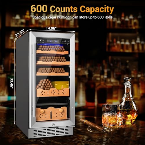 Image of Electric Cigar Humidor,15 Inch Upgraded Large Capacity Electric Cigar Cabinet with Powerful Compressor, Digital LED Screen, Safety Lock,Smart Temperature Control