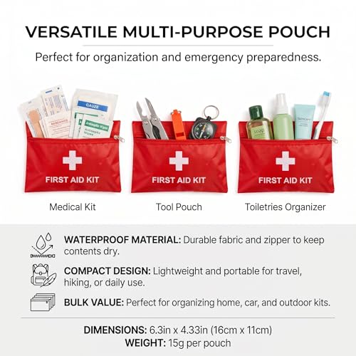Image of 12 Pack Empty First Aid Kit Bag, Small First Aid Pouch Bulk, Water Resistant Travel Medical Organizer, Mini Emergency Supply Storage for Home, Car, Office, Camping, Outdoors (Red, 11x16cm, Bag Only)