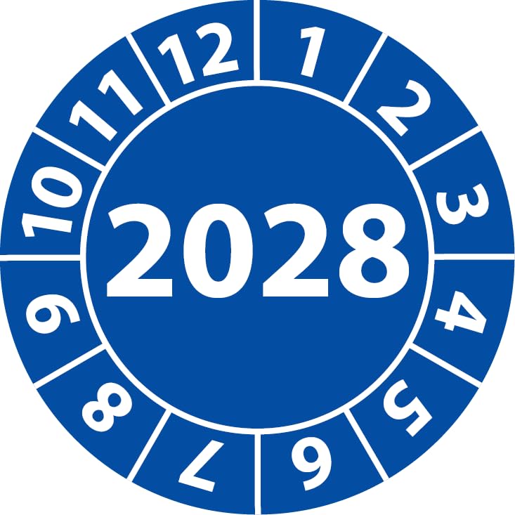 Jahresprüfplakette 2028, Vinylfolie, selbstklebend, Prüfaufkleber, Jahresplakette für das Jahr 2028 (30 mm Ø, Blau, 250)