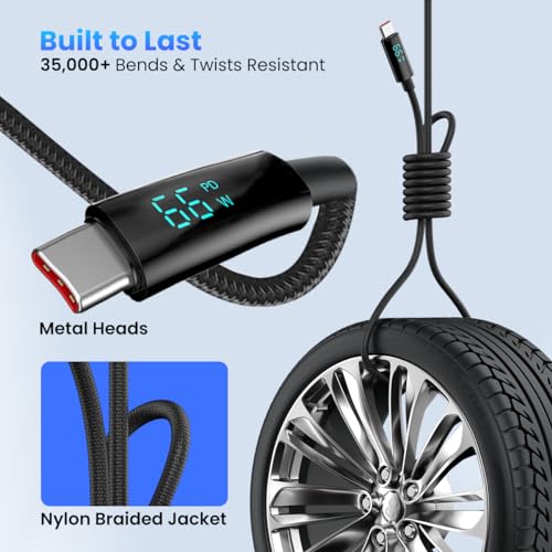 Image of Portronics Konnect View 66W Type C Cable with LED Display 6.5A Output, Nylon Braided, Fast Data Sync, 1.2M Length, Tangle Resistant(Black)