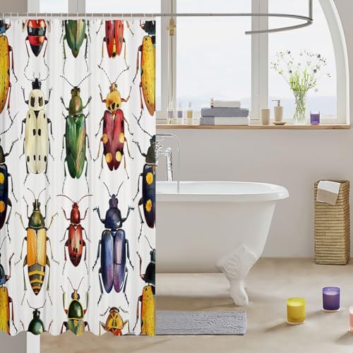 Image of Beetle Shower Curtain for Girls Boys Colorful Beetles Decor Bathroom Shower Curtain Set Kids Bug Bath Curtain Bright Vibrant Room Decor Nature Animal Waterproof Shower Curtain with Hooks 72x72 Inch