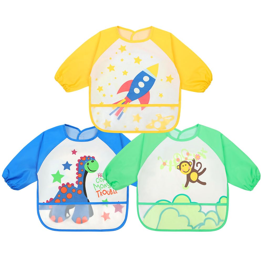 Vicloon Set di 3 Bavaglini Impermeabili con Maniche Lunghe e Tasca, Grembiule per Pappa Svezzamento, Dipingere, Giocare e Mangiare, Bambini Piccoli da 1-3 anni