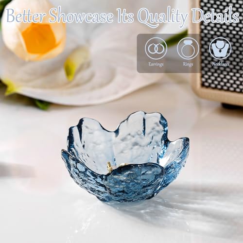 Image of Binoster Blue Flower Glass Ring Dish Jewelry Tray Ring Holder Dish Cute Room Decor Vanity Organizer for Nightstand or Bathroom Aesthetic Trinket Dish Gift for Wife Mom Daughter