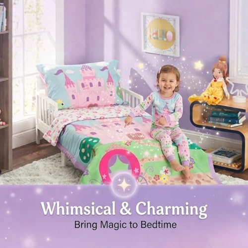 Image of EVERYDAY KIDS 4 Piece Toddler Bedding Set -Princess Storyland- Includes Comforter, Flat Sheet, Fitted Sheet and Reversible Pillowcase
