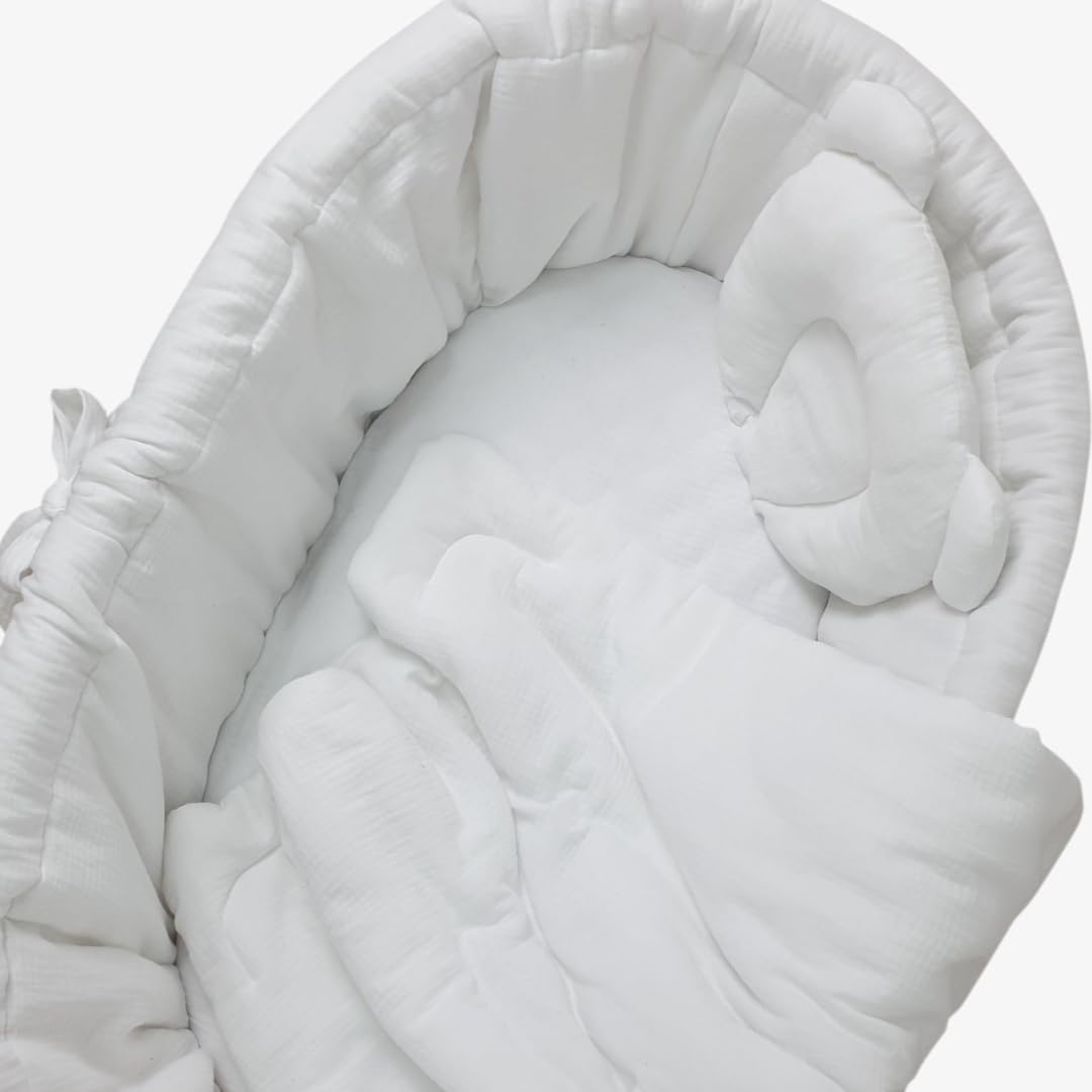 Set di biancheria da letto da 4 pezzi, per neonati e bambini, in mussola per culla, copripiumino con laccetti di colore bianco