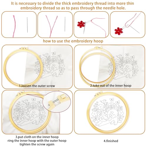 Image of BEUNITONE 6 Set Cat and Flowers Embroidery Kit for Adults Beginners, Pre-Stamped Pattern Needlepoint Kits with Hoop, Tools, Instruction, Hand Embroidery Kits for Gifts, Fabric and Home Decor 7.9x7.9