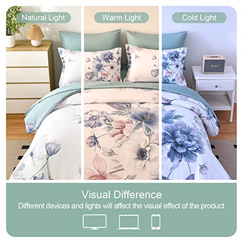 Image of Floral King Size Comforter Set - 7 Piece Bed in a Bag, Light Blue Flowers Printed on White Bed Comforters with Sheets, Soft Lightweight Bedding Set for All Season(Light Blue, King