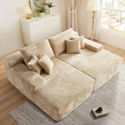 Image of HOOOWOOO Chaise Lounging Sleeping Couch, 81x67 Assembly Free Modern Minimalist Sofa, Extra Deep Large Sofa Set, Free Standing Floor Couch in A Box for Living Room (Beige Velvet Upholstered)