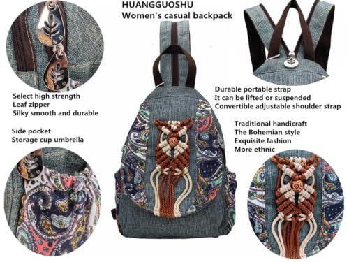 Image of Womens Boho Cotton Hemp Cloth Backpack Boho Vintage Embroidered Casual Purse Handbags Messenger Bag