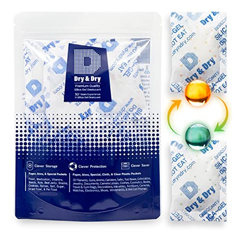 Image of Dry & Dry 20 Gram [5-1000 Packs] Desiccant Food Safe Orange Indicating(Orange to Dark Green) Mixed Silica Gel Packs Dehumidifier - Rechargeable Silica Packets for Moisture Absorbers Silica Gel Packets