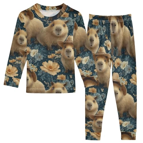 Pajama Sets Long Sleeve Cute Capybara Floral Background Soft Comfy Sleepwear 2 Piece PJS 3-8T