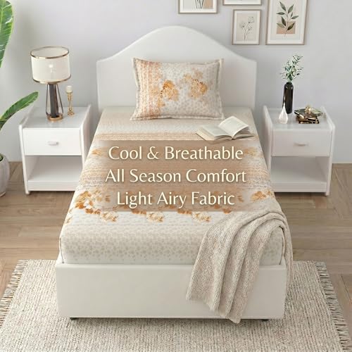 Image of Mafatlal 186 TC Spring Glory Graceful Pure Cotton Single Flatsheet (60 x 90 Inch) | Breathable Summer Comfort | Wrinkle-Free Floral Bedsheet with 1 Pillow Cover, Orange Peel