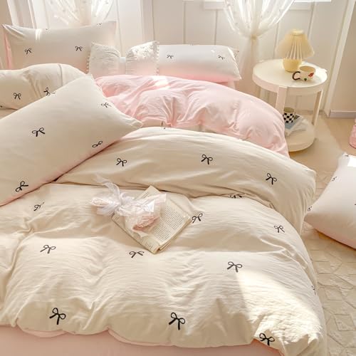 Covebett Housse de Couette 200x200 Blanc et Rose Nœud Papillon Mignon Réversible Parure de Lit Adulte 2 Personnes Kawaii Microfibre Linge de lit avec...
