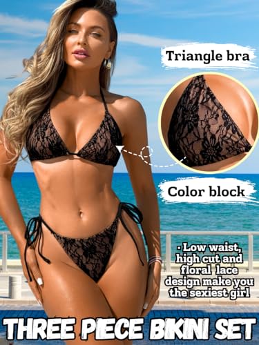Sexy Lace Bikini with Mini Skirt, Halter Triangle Backless for Tan Through, 3 Piece Swimsuits for Women2