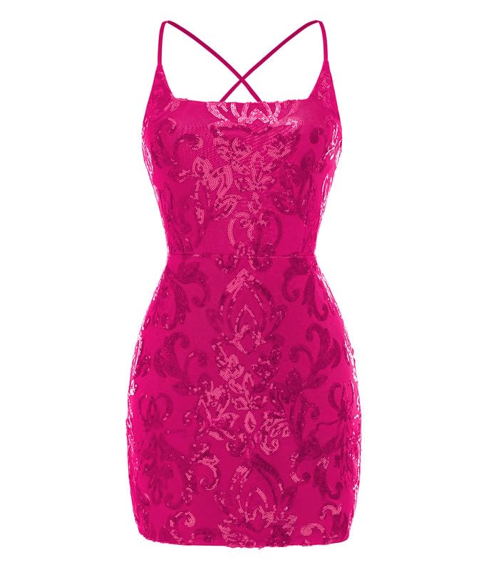 Fokissy Sequin Bodycon Homecoming Dresses Sparkly Short Backless Homecoming Dress Square Neck Mini Cocktail Dress