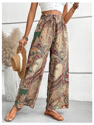 Floerns Women's Boho Allover Print Elastic Waist Belted Wide Leg Pants4