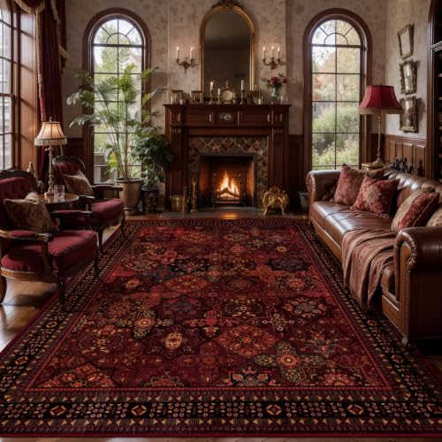 Image of Dark Red Oriental 4x6 Washable Area Rug for Living Room, Non Slip Rug