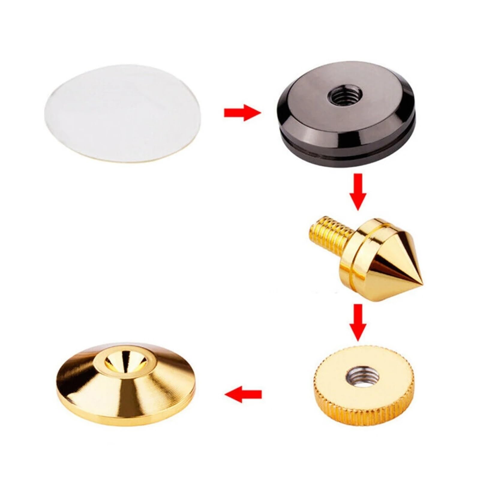 Inox SpeakerSpike 4 set di punte for altoparlanti dorate | Subwoofer CD Audio Amplificatore Isolamento Piedini di supporto Scatola altoparlante Chiodi Cono