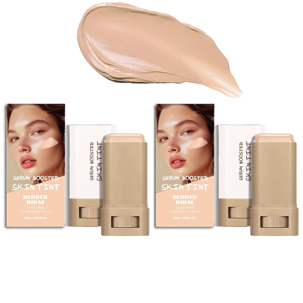2PCS 3-in-1combining Foundation Stick Beauty Balm Serum Boosted Skin Tint,Solid Tinted Moisturizing Serum Contour Foundation Face for Women,Natural