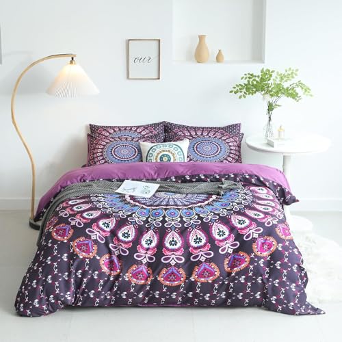 Bupird LA0411-ZMP-Q Mandala Queen Comforter Set Soft 3 Pieces Lightweight 3D Purple Mandala Boho Chic Pattern Digital Print Queen Comforter Set thumb #4