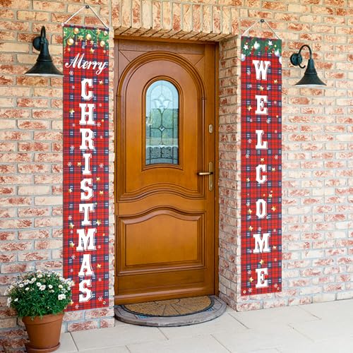 Merry Christmas Banner, Buffalo Plaid Welcome Banner - Front Porch/Door Sign for Indoor/Outdoor Wall