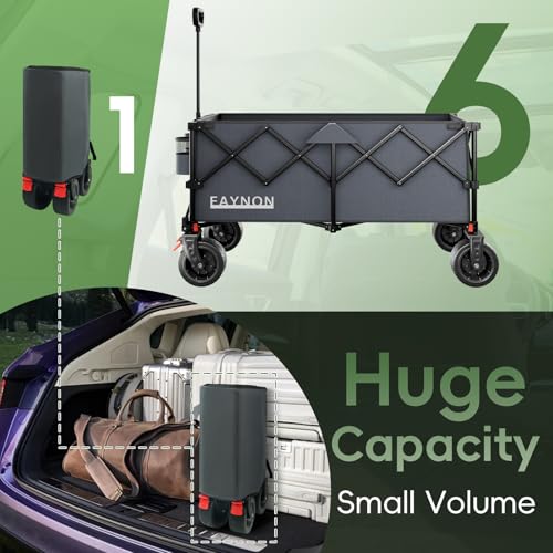 Image of 46 inch L Collapsible Foldable Extended Wagon, 500LB Weight Capacity with 280L Heavy Duty Folding Cart,Utility Wagon with All-Terrain Beach Wheel & Drink Holders,Gray