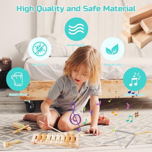 Baby Musical Instruments Set Montessori Wooden Toy for Toddlers 1 2 3 Percussion Music Xylophone for Kids Preschool Learning Resource Christmas Birthday Gifts for Boys Girls Aged 18 Months (Warm)