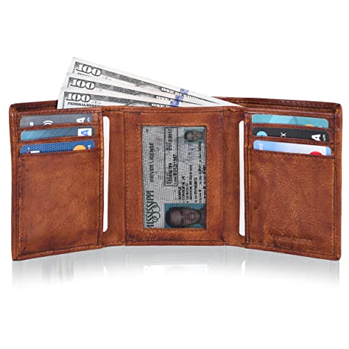 Image of Tri fold Leather Wallet for Men with RFID | Slim Wallets for Men with 1 ID and 6 Credit card slots | Front Pocket Minimalist