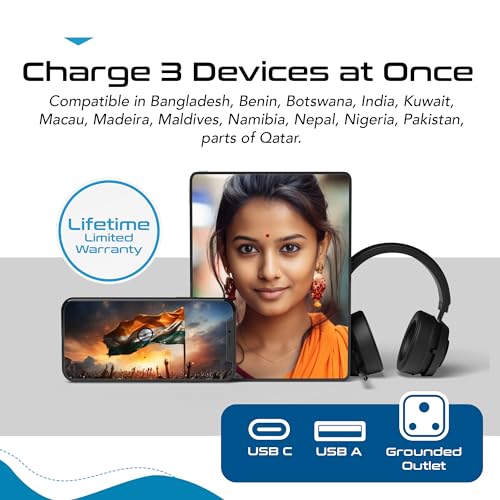 Image of Ceptics 3 in 1 Travel Adapter with USB C, Type D Multiple Plug Socket for Laptops, Phones - White - 1 Pack