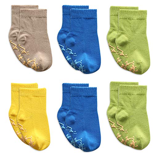 PUZXRRY Baby Anti Slip Crew Socks- 6 Pack Soft Cotton Socks Cute Monster Pattern Socks with Grips for Toddlers Boys Girls, 12-36M
