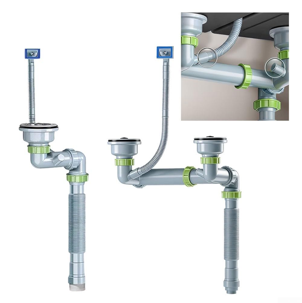 Kit de drenaje de doble fregadero con coladores de acero inoxidable, trampa P de PVC de 1.5 pulgadas con antitaza transparente para fregadero de cocina de doble tazón debajo del gabinete (individual)