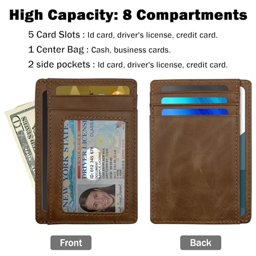RFID Blocking Slim Genuine Leather Credit Card Holder Front Pocket Wallet for Men with ID Card Window Work Travel (Seattle Brown)2