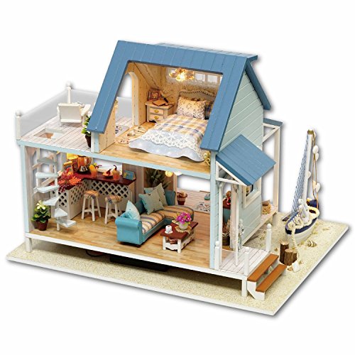 Kit para construir casa de muñecas en miniatura (madera, incluye caja de música), diseño de casa de la isla de Santorini
