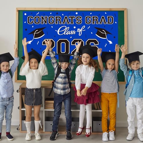 Image of Graduation Party Decorations 2026 Plastic Backdrop - 65 inch x 32.7 inch Congrats Grad Banner in Blue, Large Class of 2026 Decorations, Photography & Grad Party Supplies