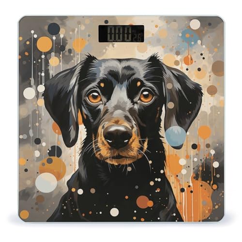 Balanza digital de baño con puntos y perro coloridos