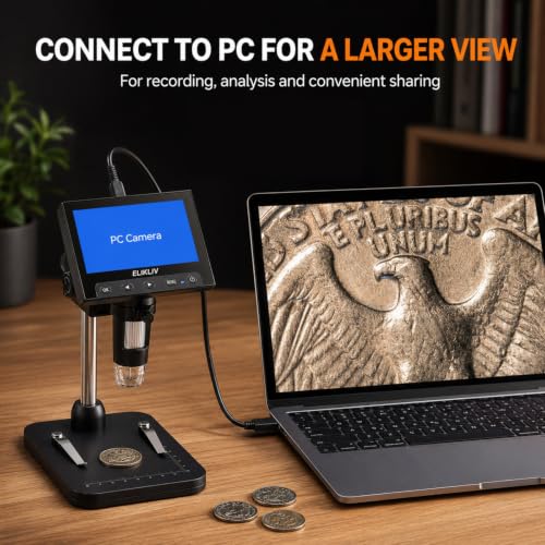 Image of Elikliv Coin Microscope, 4.3'' LCD Digital Microscope 1000x, Coin Magnifier with 8 Adjustable LED Lights, PC View Compatible with Windows /Mac, EDM4B, Black