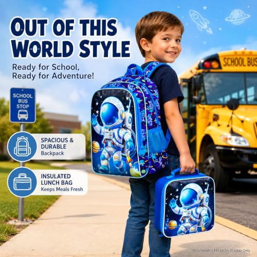 Image of WZLVO 3PCS Kids Astronaut Backpack for Boys, 16 inch Cool UV Printing Bookbag /School Bag with Lunch Box & Pencil Bag for Preschool to Elementary - Astronaut Waving