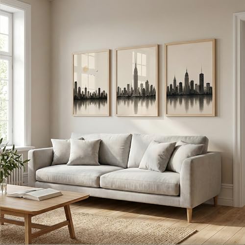 Image of Set of 3 Modern City Skyline Wall Art Paintings for Living Room | Minimalist Urban Cityscape Wall Decor | Neutral Beige Framed Wall Paintings for Bedroom, Office, Hall & Home Decoration (10x13 Inches)