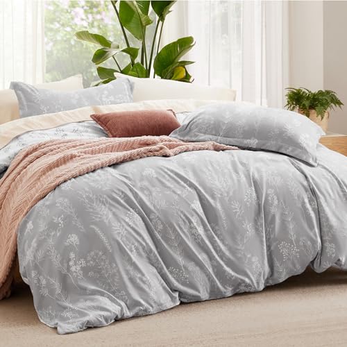 Image of Bedsure Duvet Cover Queen Size - Reversible Grey Queen Duvet Cover Set with Zipper Closure, 3 Pieces Botanical Floral Patterned Bedding Set with 8 Corner Ties and 2 Pillow Shams