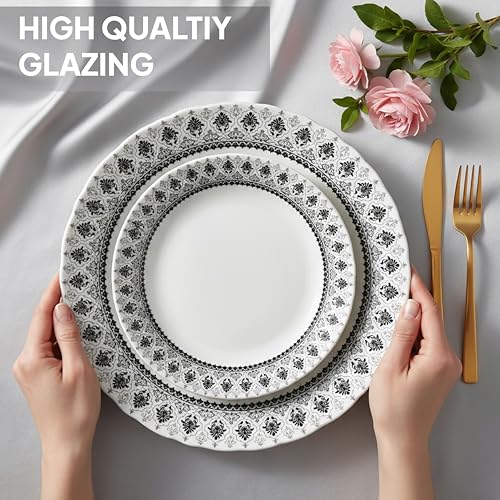 Image of CELLO Damask Imperial Plus Series Opalware Dinner Set of 33 Pieces For Family of 6 | Bone-Ash Free & Leadfree Opal Glass Microwave & Dishwasher Safe Crockery Plates & Bowls Set For Daily Use & Gifting