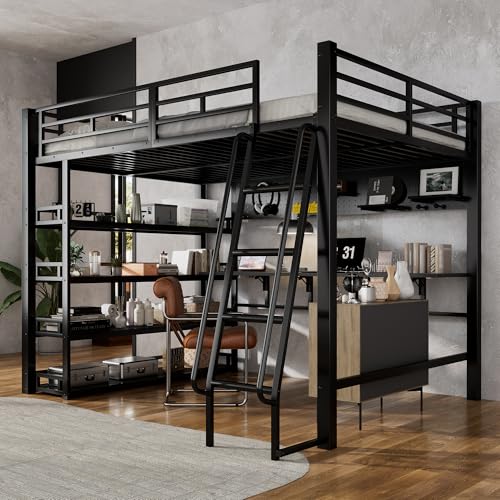 Merax Eisenhochbett 140x200 cm Hochbett mit Ablagen & viel Stauraum, Ladeanschluss, Vierstufige Schrägleiter, Aufhängfunktion, Metallbett Schwarz, Jugendzimmer Erwachsene, ohne Matratze