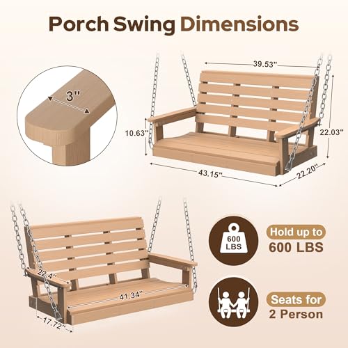 Image of Psilvam 4 FT 2-Seat Porch Swing, 660 LBS Hanging Chair Outdoor, Natural