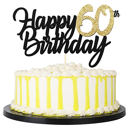 PALASASA Black Gold Glitter Happy Birthday cake topper - 60 Anniversary/Birthday Cake Topper