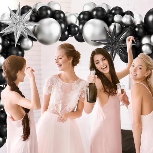 Image of Black and Sliver Balloons Arch Garland Kit, 5 10 12 18 inch Sliver Black Baloons with Explosion Star Ballons 101pcs Balloons for Anniversary Wedding New Year Birthday Party Decorations