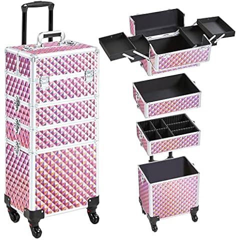 Yaheetech 4-in-1 Kosmetikkoffer, Trolley Schminkkoffer, Großer Make up Koffer, Abschließbar Multikoffer Friseurkoffer Beauty Case mit Rollen und Schublade Cover