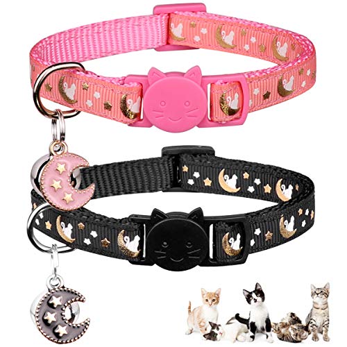 2Pcs Breakaway Cats Collars Cat Collars for Boy & Girl Cats Moons Adjustable Kitten Collars with Bell & Pendant Glow in The Dark,Black+Pink