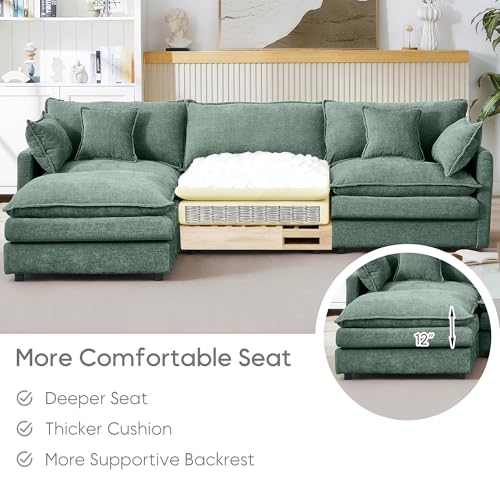 Image of 102 inch L Shaped Modular Sectional Sofa, Comfy Upholstery Chenille Cloud Couch with Ottoman, Modern 4-Seat Deep Seat Sofa with Pillow for Living Room, Bedroom, Apartment, Sage Green