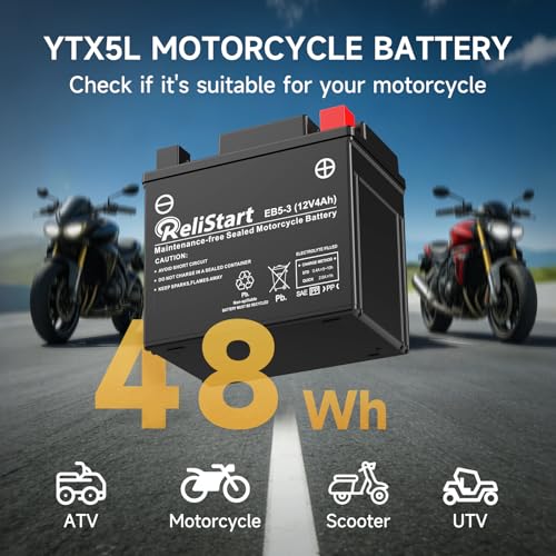 Image of Motorcycle Battery YTX5L 12V 4Ah, Powersports Batteries High Performance, AGM Maintenance Free Battery for Bike ATV Scooter